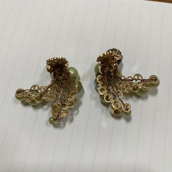 Vintage Mid Century Clip On Earrings Lemon Pearl Beads Crystals & Rhinestones - Picture 5 of 5
